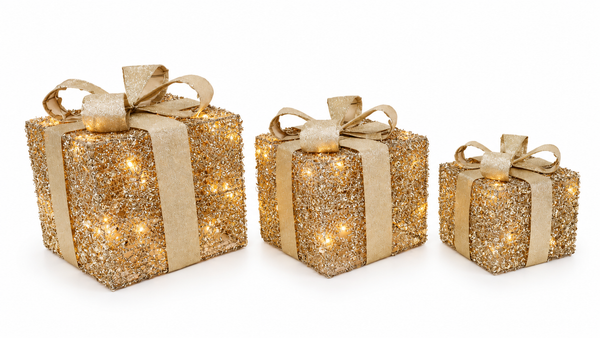 Gold LED Tinsel Presents – 3 Piece Set