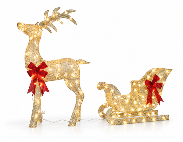 Gold LED Glitter-Thread Reindeer and Sleigh
