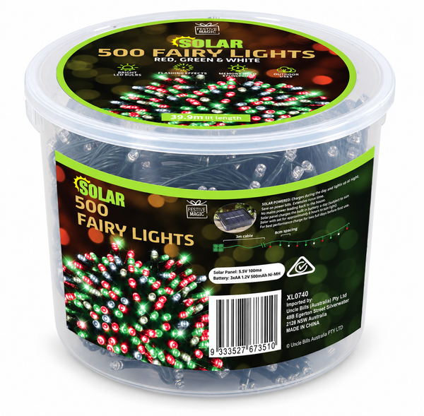 Solar LED Fairy Lights 500 – Red, White and Green