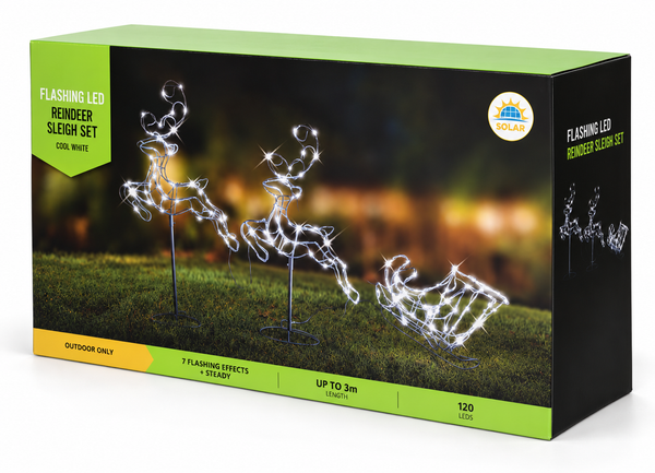 Solar LED Leaping Reindeer and Sleigh – White