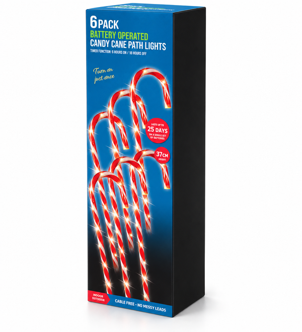 Battery-Operated Candy Cane Path Lights with Timer – 6 Piece Set