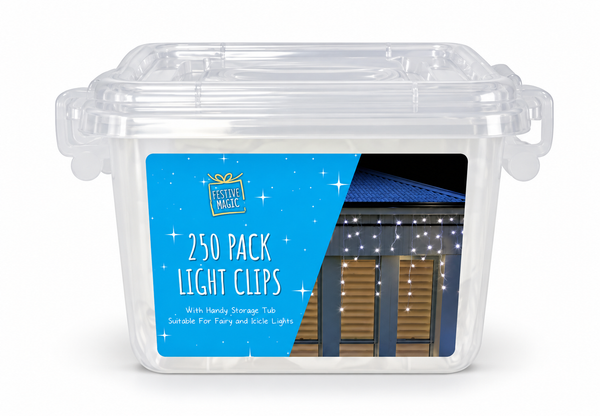 Fairy and Icicle Light Clips with Storage Tub – 250 Pack