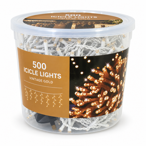 Flashing LED Icicle Lights 500 – Vintage Gold