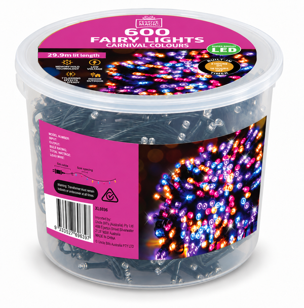 LED Fairy Lights with Timer 600 – Carnival Colours