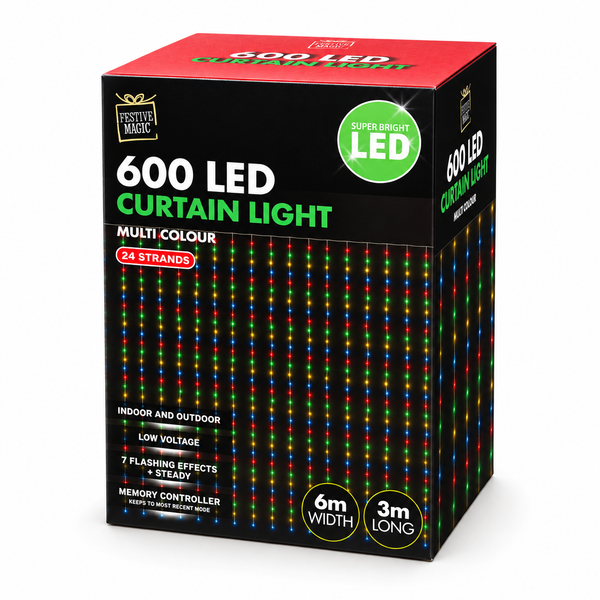 Flashing LED Curtain Lights 6 m – 600 Multicolour Lights