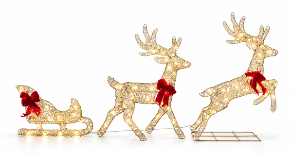 Twinkling LED Reindeer and Sleigh – 3 Piece Display
