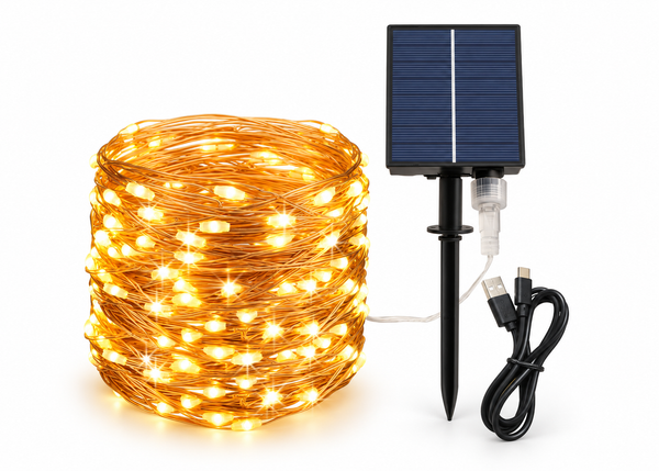 Solar and USB LED Wire Lights – 200 Warm White