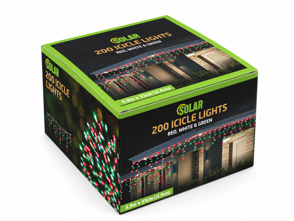 Solar LED Icicle Lights – 200 Red, White and Green