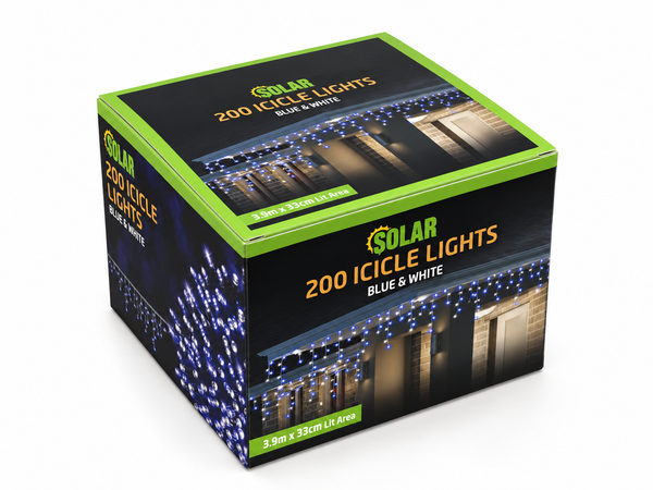 Solar LED Icicle Lights – 200 Blue and White