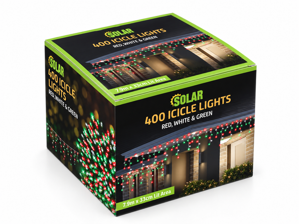 Solar LED Icicle Lights – 400 Red, White and Green