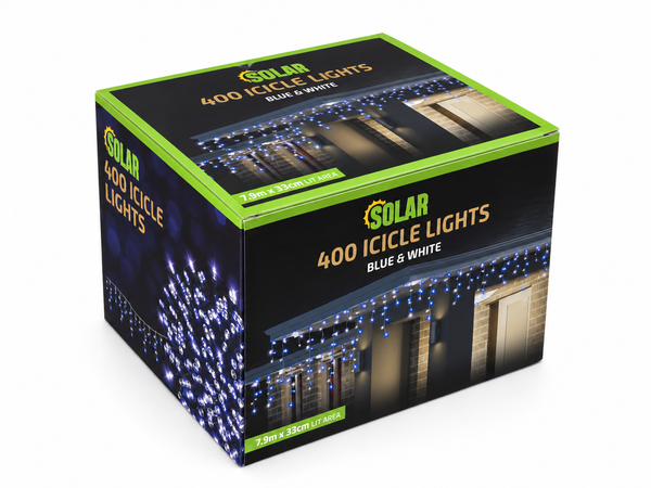 Solar LED Icicle Lights – 400 Blue and White