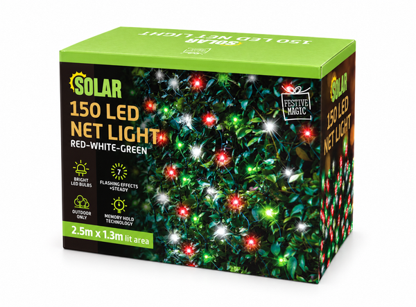 Solar LED Net Lights – 150 Red, White and Green