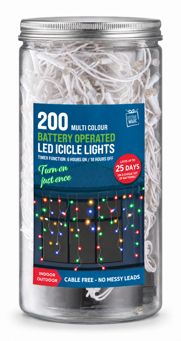 Battery Operated LED Icicle Lights with Timer – 200 Lights