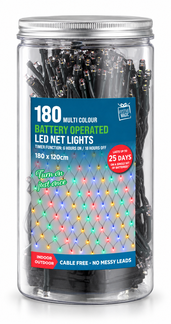 Battery Operated LED Net Lights with Timer – 180 Lights