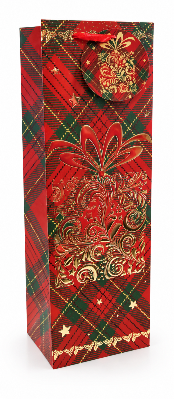 Plaid Christmas Bottle Gift Bag with Foil Motif