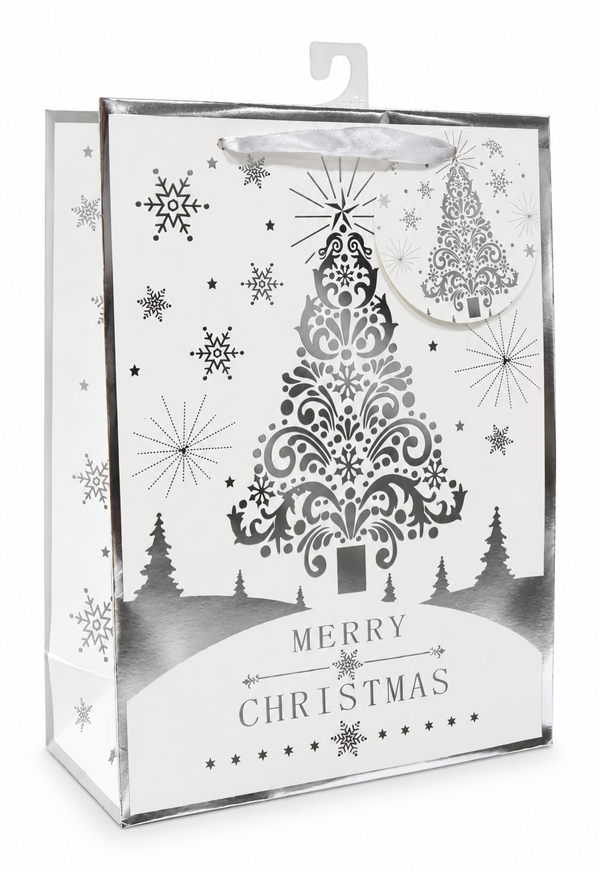 Medium Silver and White Christmas Gift Bag