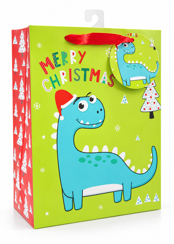 Large Christmas Dinosaur Gift Bag with Glitter Detail