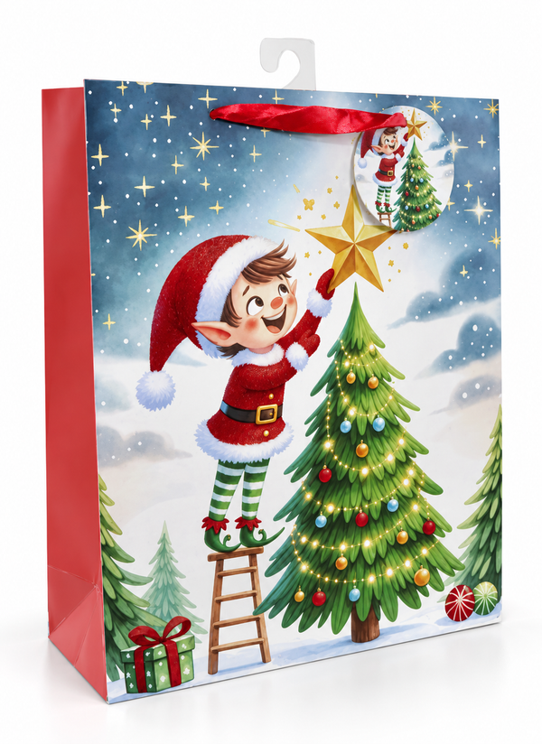 Large Christmas Elf Scene Gift Bag with Glitter Detail