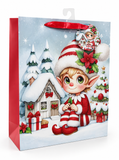 Large Christmas Elf Scene Gift Bag with Glitter Detail