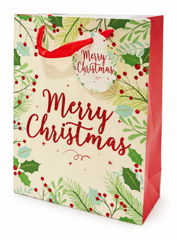 Medium Christmas Foliage Gift Bag with Glitter Detail