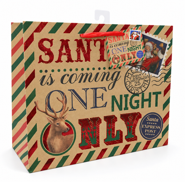 Wide Kraft Santa Postage Foil Gift Bag
