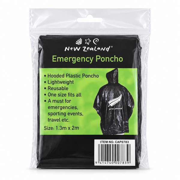 Black New Zealand silver fern rain poncho in green and black labelled packaging, code CAP0783.