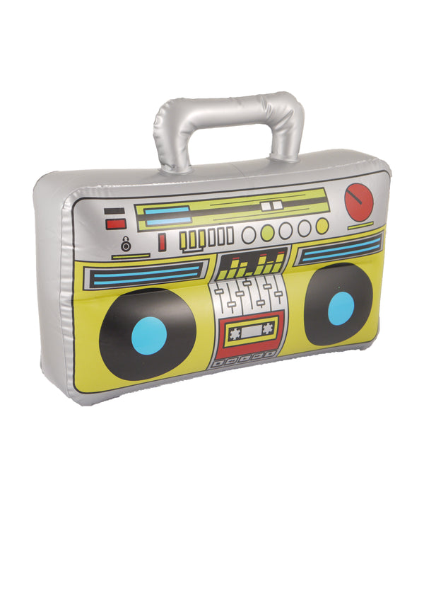 Silver-coloured boom box with colourful printed controls – 37 x 28cm