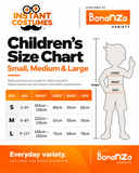 Instant Costumes children's size chart: Small ages 3–5, height 104–116 cm, chest 60 cm, waist 55 cm, hips 62 cm; Medium ages 6–8, height 122–135 cm, chest 67 cm, waist 59 cm, hips 70 cm; Large ages 9–11, height 140–152 cm, chest 75 cm, waist 64 cm, hips 79 cm.