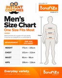 Instant Costumes men's size chart: one size fits most; height 175–185 cm, chest 102–112 cm, waist 90–98 cm, hips 106–116 cm.