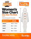 Instant Costumes women's size chart: one size fits most; height 165–175 cm, chest 86–110 cm, waist 70–90 cm, hips 90–114 cm.