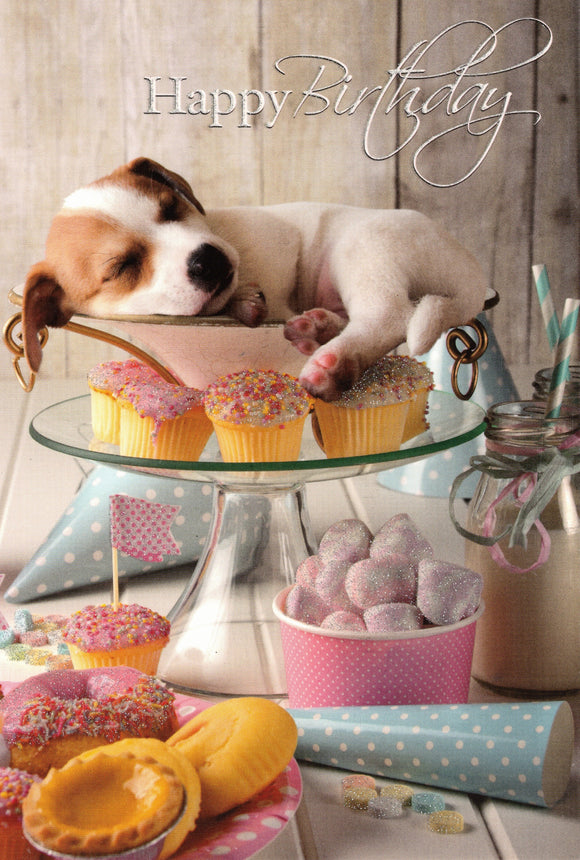 Puppy Cup Cakes Happy Birthday Greeting Card