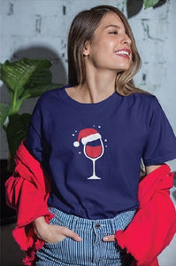 Ladies Foiled Print Christmas T-Shirt (Santa Wine Glass)