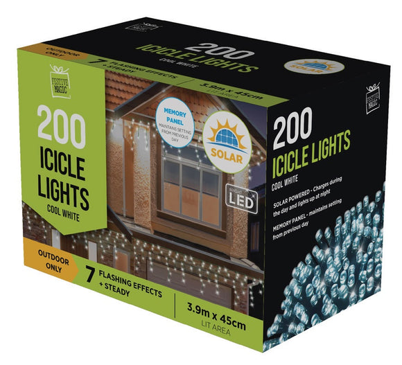 Solar LED Icicle Lights 200PC - Cool White