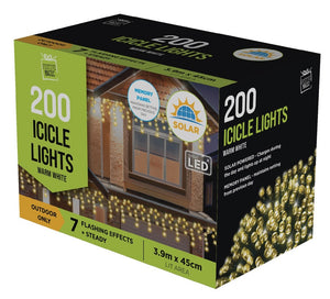 Solar LED Icicle Lights 200PC - Warm White