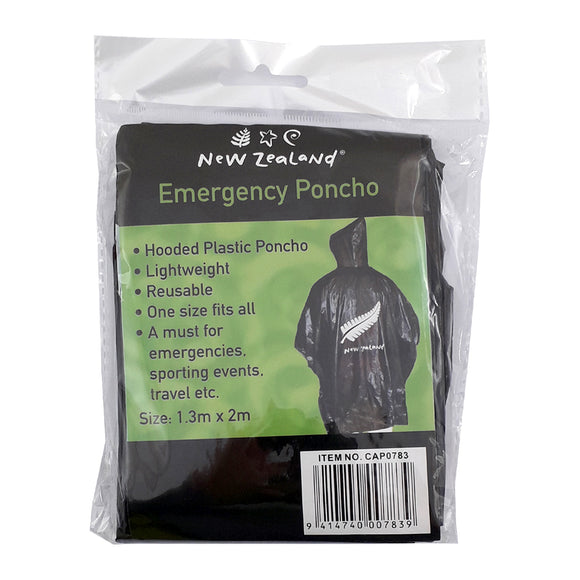 Emergency Poncho Silver Fern Black NZ